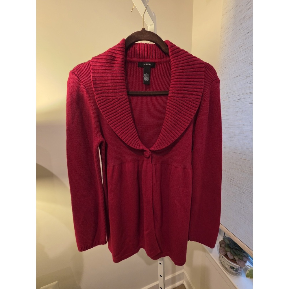Womans Alfani Red Ribbed Knit 1 Button Long Sleeve Babydoll Cardigan Sweater L